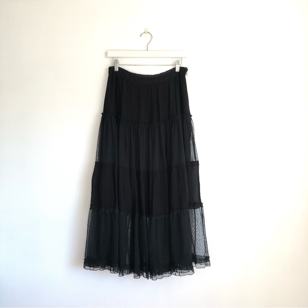 All Saints Renia Black Polka Dot Tulle Mesh Tiered Midi Skirt Size US 8